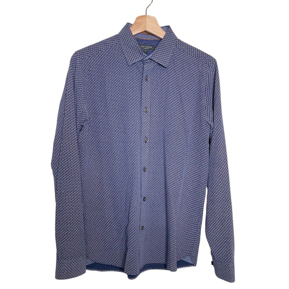 Ted Baker London Dress Shirt Men’s M Or 3 Blue Geometric Button Up Long Sleeve